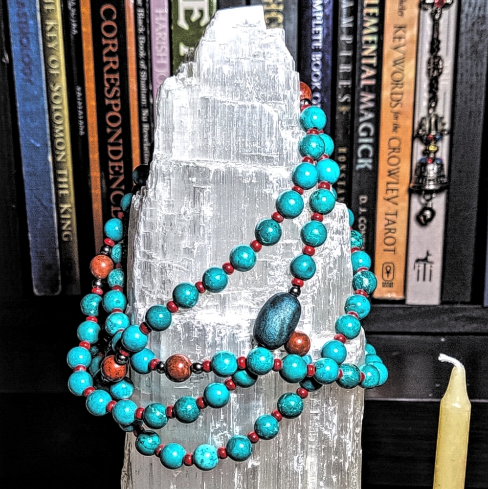 Hand-made Turquoise and Red Jasper Stone Unisex Mala